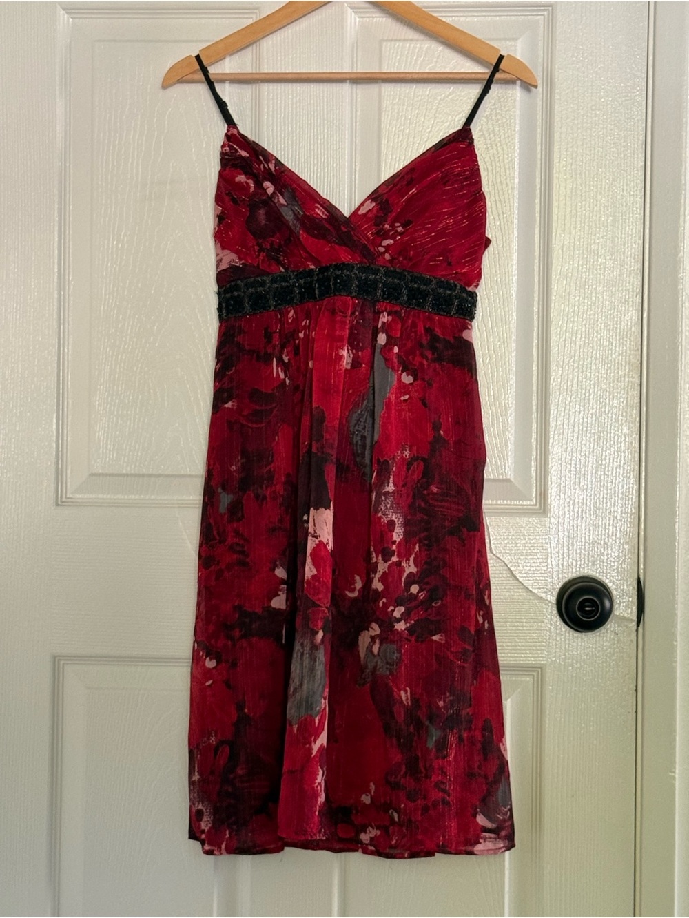 Red Floral Spaghetti Strap Dress with Black Waist Detail size 10